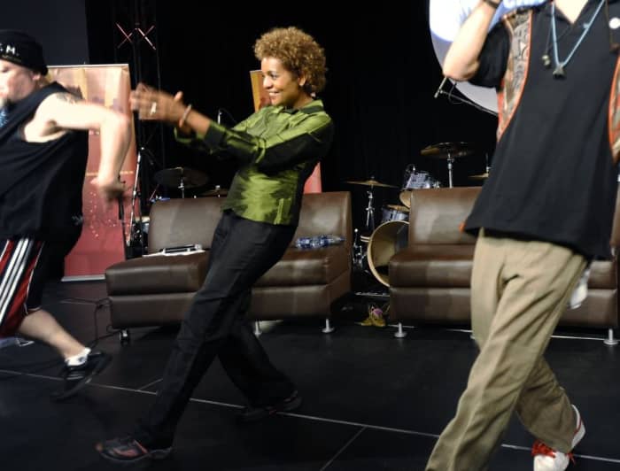 Governor General Michalle Jean getting hip-hop dance lessons while visiting NAIT in Edmonton to talk with youth about peace and hip-hop to overcome barriers and violence in society, Aug 2009
