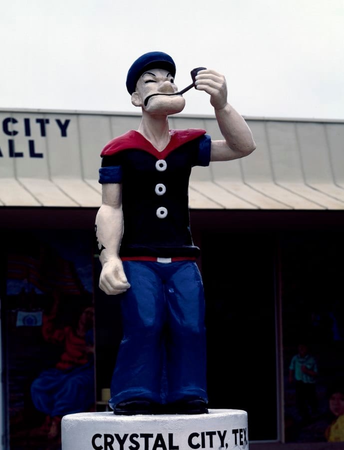 Popeye the Sailor Man is an apt symbol of the South Texas town near which huge spinach farms thrive. Crystal City, Texas