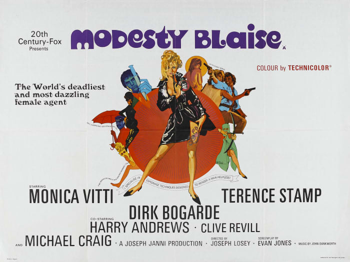 Modesty Blaise (1966) starring Monica Vitti in the eponymous role, Terence Stamp as Willie Garvin and Dirk Bogarde as the villain