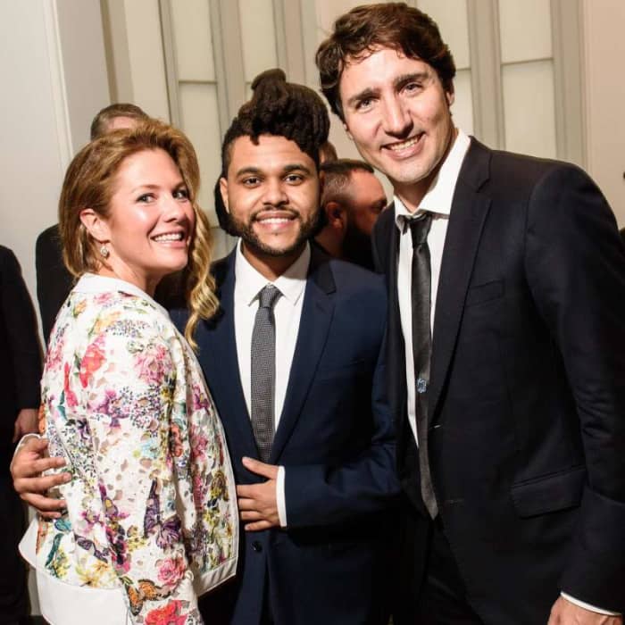 The Weeknd with Canadian Prime Minister Justin Trudeau and wife Sophie at the Canada 2020 gala in Washington DC