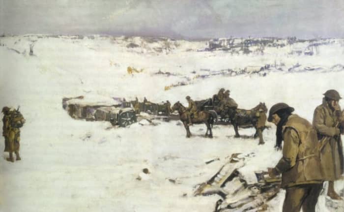 Mametz, Western Front: men, animals and supplies in snow covered valley (1919) by Frank Crozier (1883-1948), Australian official war artist. Depicts a scene in the rear area of I Anzac Corps during the Battle of the Somme, winter of 1916-17