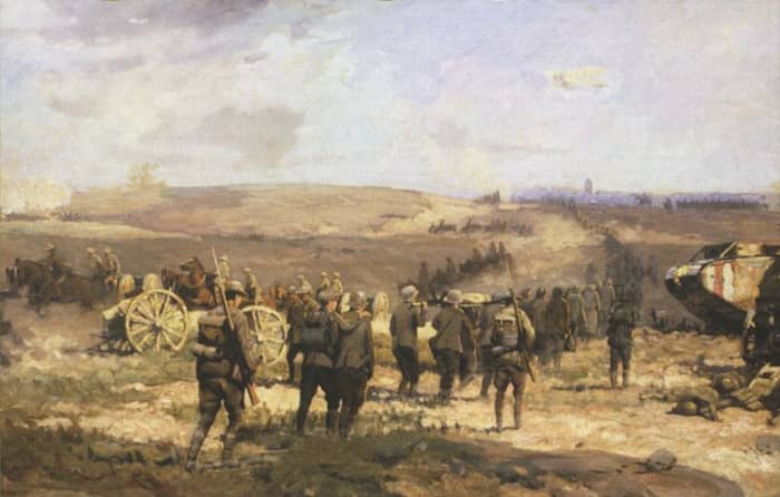English: 8th August, 1918 (oil-on-linen, 107 cm x 274 cm, 1918-1919) by Will Longstaff, Australian official war artist. Depicts a scene during the Battle of Amiens. The view is towards the west, looking back towards Amiens. Courtesy of Wiki Commons