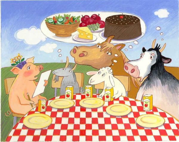 This cartoon shows some of our most popular sources of meat. Here we see them dreaming of what they would like to eat. The real picture is far different.