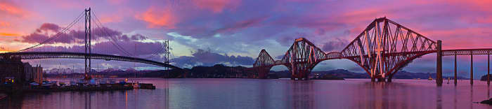 The famous bridges over the Firth of Forth River - the old cantilever rail bridge is on the right of the picture and the more modern road bridge on the left.
