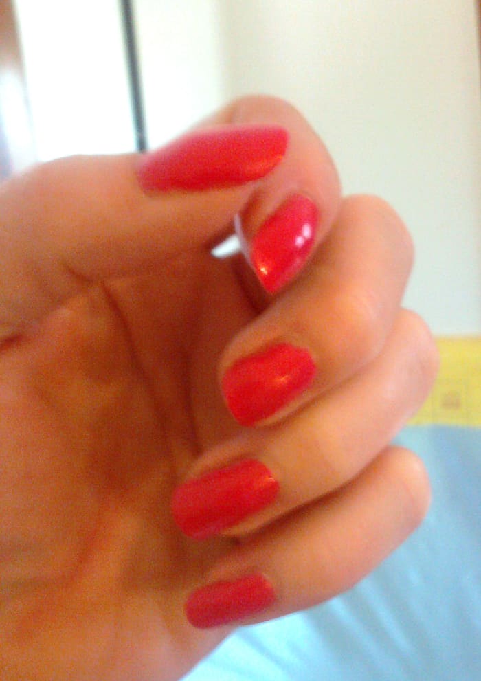 Same hand pictured less than 2 months ago. Look how much the nails have grown, even with frequent filing! Same color - I must like it...