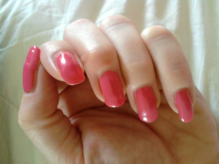Taken this morning, I last polished these 3 weeks ago!! Shown: Ulta Salon Formula Nail Lacquer in "Sweetheart Pink"