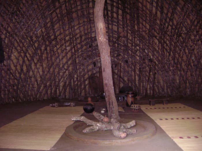 The inside design of the Zulu hut; note the central post and the bent stalks which are then covered with thatch
