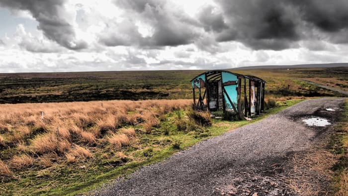 Sleightholme Moor road near Tan Hill, an old railway van once used for storing winter feed for sheep (cattle couldn't survive up here)