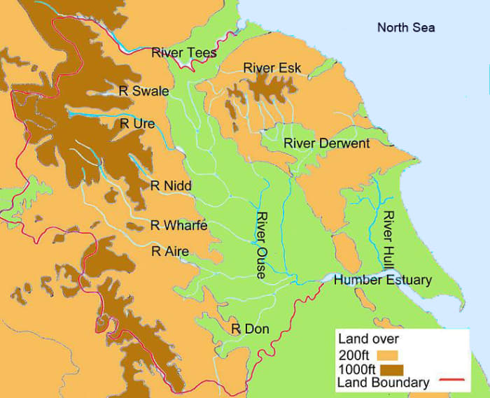 The riverways of Yorkshire and South Durham. They empty into the North Sea within a hundred miles between the Tees and Humber