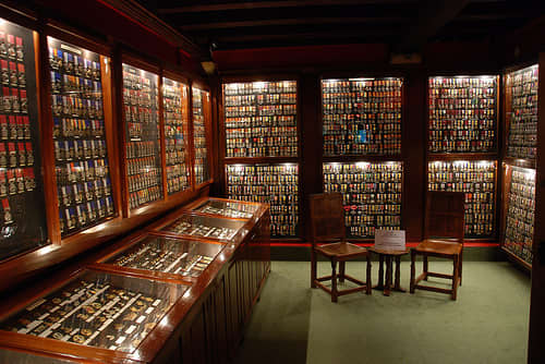 The Medal Room of the Green Howards Museum in the Market Place, Richmond - complete with the mouse carvings on the officers' mess furniture made by Robert Thompson of Kilburn near Thirsk (workshop open to the public) and an array of Victoria Crosses
