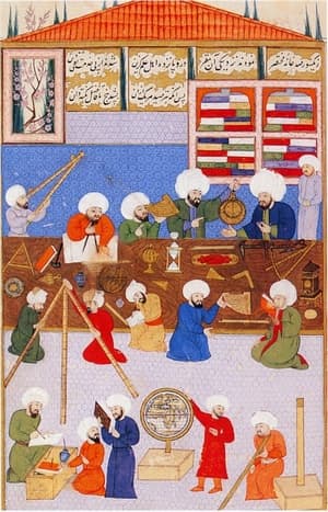 Depiction of astronomers at work in the observatorium of Taqi al-Din. Though it was painted after the height of the Islamic empire, it is an example of Islamic patronage of astronomy.