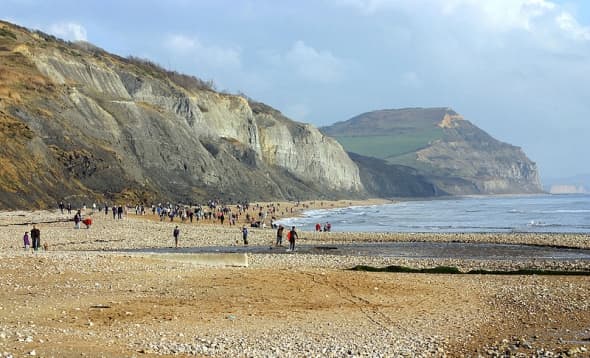 The Jurassic Coast at Charmouth, Dorset, England where Mary Anning discovered large reptiles in the shales of Black Ven; Golden Cap in the near distance