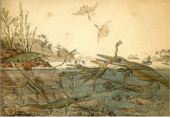 Duria Antiquior, 1830, is the famous watercolor painted by Henry de la Beche depicting life in ancient Dorset based on fossils found by Mary Anning