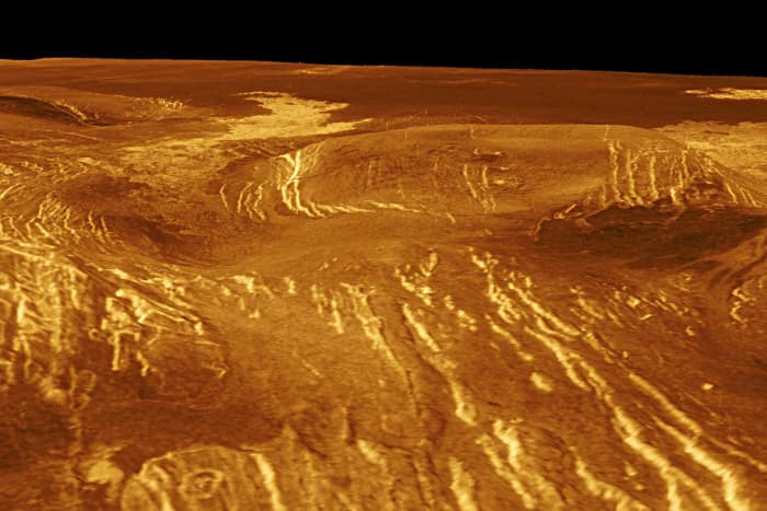 A 100 kilometre (60 mile) wide corona, lava flows and more evidence of the fractured, fissured surface of Venus are apparent in this image