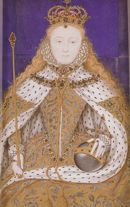 Another version of the Coronation Gown, ruff is made more apparent in this gown, notice the Tudor Rose, so that Elizabeth is showing her heritage in this gown