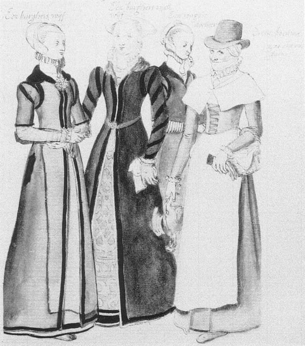 Here are various ladies of England, Genteel, Worker and Good wives all. You do not see anyone looking like the Renaissance Faire 'wenches' because that is not historical.