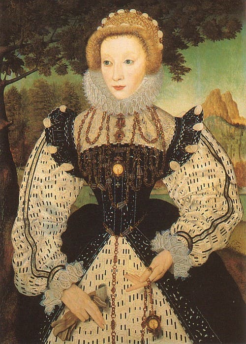 This lady is showing a gown in the French Fashion, with the round curve for the front of the bodice. Her wide hips and small waist was what ladies of this time period tried to attain. Her pallor as well, her red hair and gray eyes as well.