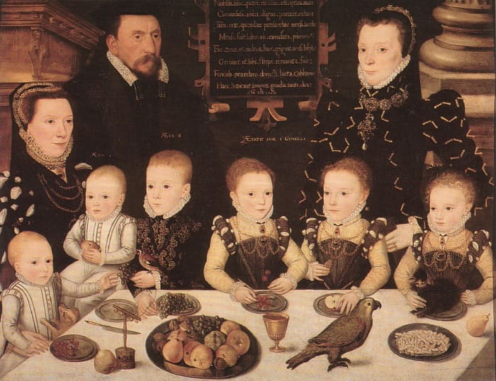 Take a look at this portrait and notice all of the children and adults, what kind of fabrics?