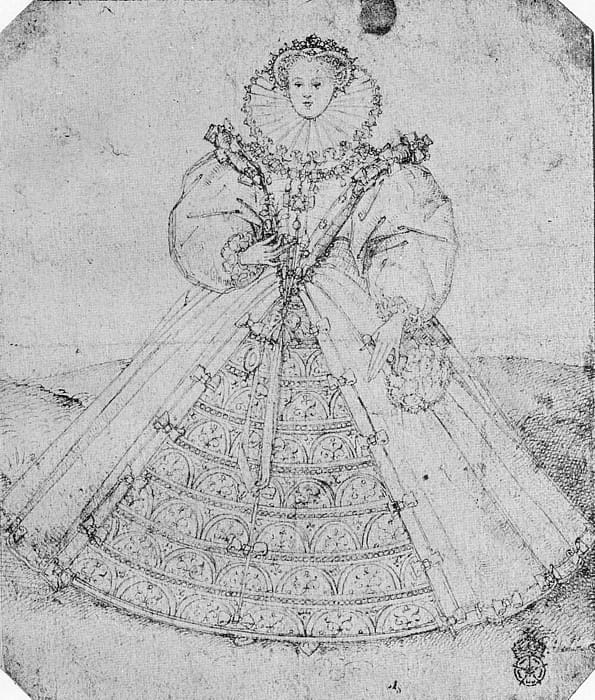 I think this is an exaggeration on how wide the skirts are in this gown to how tall this lady is, but the widening of the skirts is happening in the 1580's