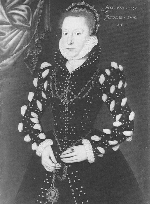 Stark gown probably in black velvet, either wool or silk, puffs and slashes with pearls.