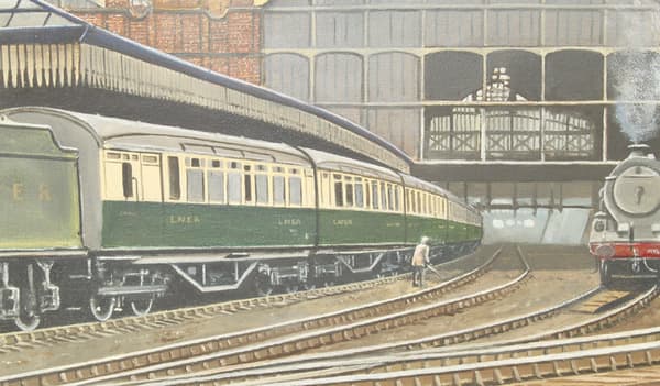 Framed watercolour of a K3 2-6-0 with tourist stock at a former GC main line station - possibly Nottingham or Sheffield Victoria in the 1930s. ('Mablethorpe here we come!')