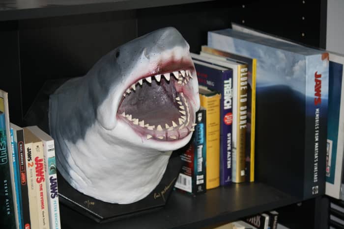 This fantastic Bruce sculpture by Paul McPhee graces my shark-dedicated bookshelf. It captures the hulking menace of the infamous mechanical monster really well, and greets me every morning.