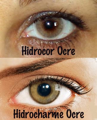 Solotica's two "ocre" lenses. Hidrocor has no limbal ring, so the effect is softer, while Hidrocharme has a thicker, dark limbal ring, so the effect is stronger.
