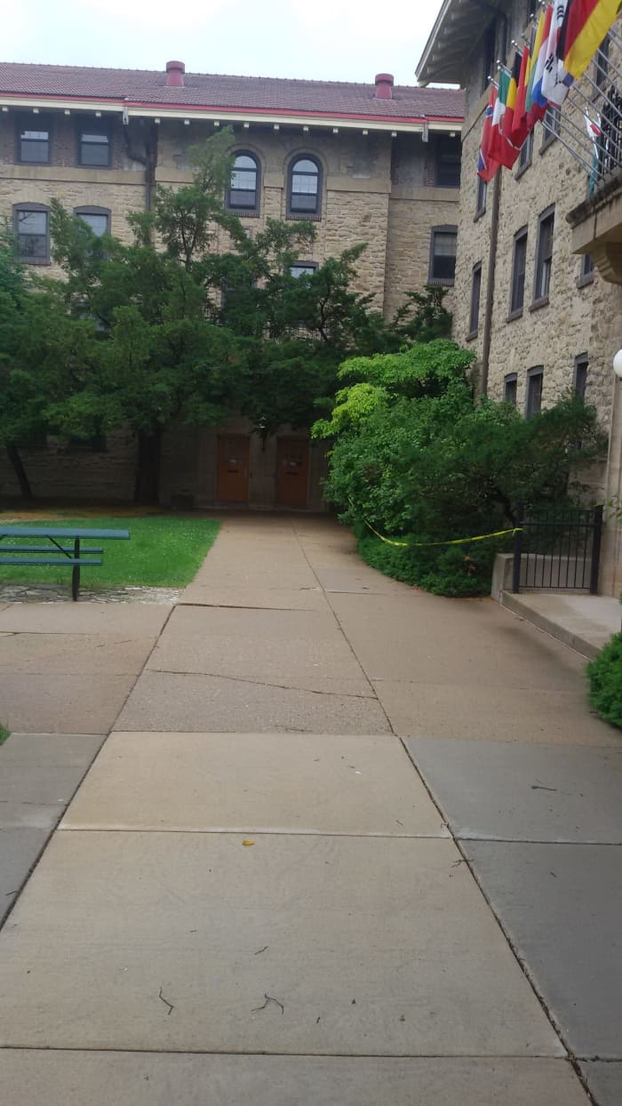Entrance to Tarrant House is on the right in the rear of the picture. Picture taken 6-12-19
