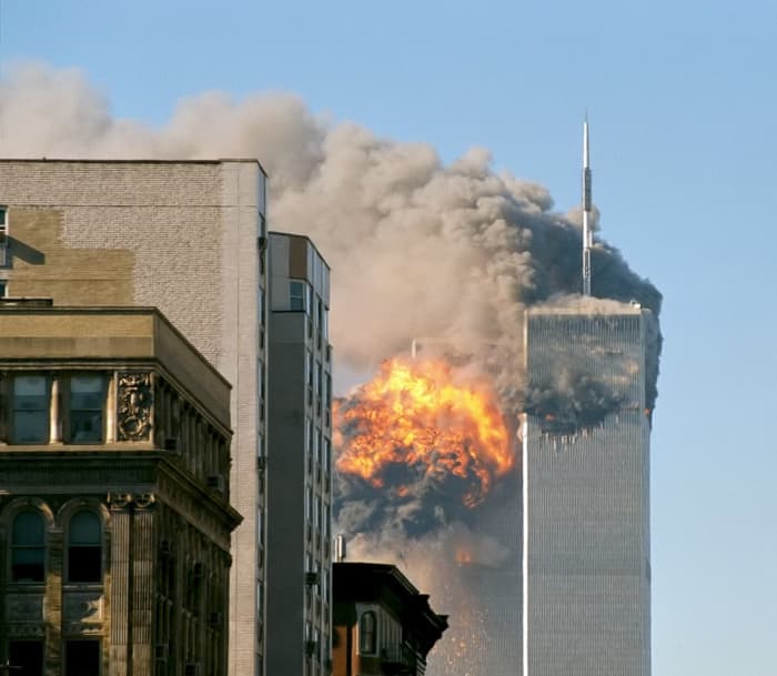 United Airlines Flight 175 crashes into the south tower of the World Trade Center complex on 09/11/01, creating an explosion that would eventually bring the tower down.