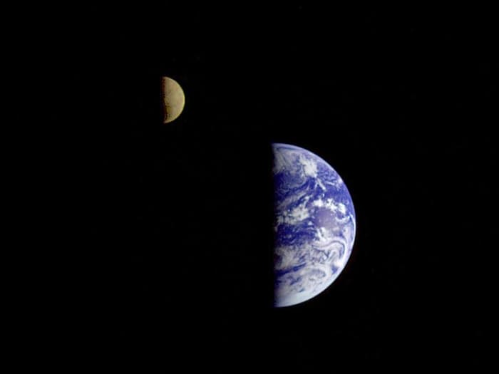 This picture of the Earth and Moon in a single frame was taken by the Galileo spacecraft from about 3.9 million miles away.