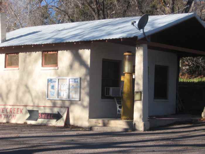 Old gas station in Portal. Note the Shell sign and gas pump.