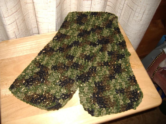 Scarf made using camouflage yarn. This gives you an idea of how your scarf will look using any variegated yarn.