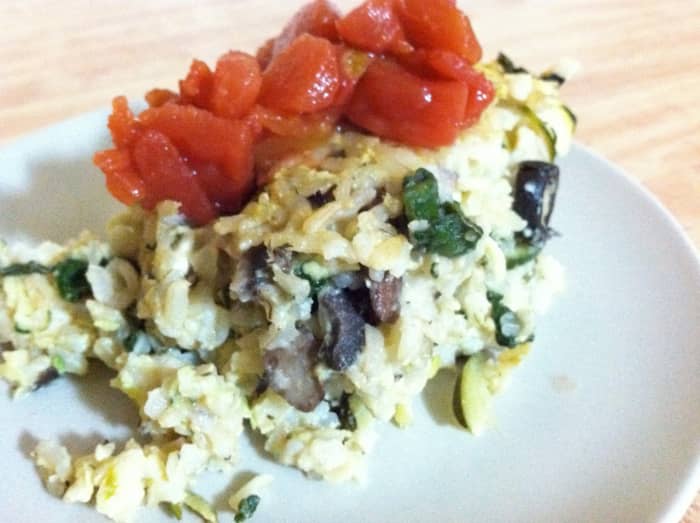 Spinach, Zucchini, Mushroom, & Feta Cheese with Brown Rice Casserole Topped with Diced Tomatoes