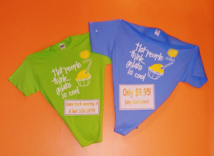 The Pino Gelato T-Shirts are bright and colorful and if you wear one into the shop you get 10% off your next purchase.