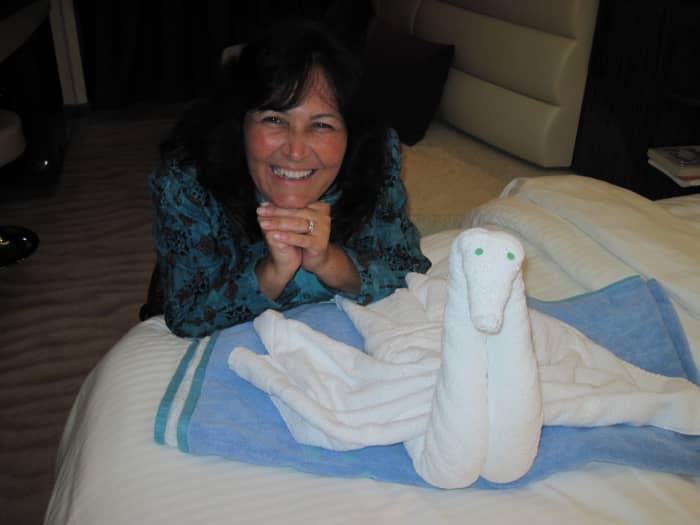 Towel animals made by the wonderful cruise ship staff members on many ships greet passengers on their beds when they return from dinner.