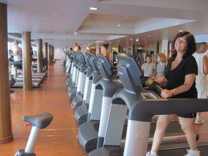 Working out in the Norwegian Epic's workout center to burn off some of the calories from all the good cruise food!