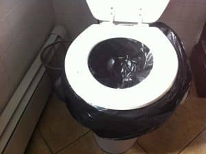 Emergency toilet use without flush ability. remove water. Line pot with trash bag. Have a pail of wood ash, quicklime, kitty litter or sawdust available so that after each duty is done, the offender can sprinkle a liberal amount over it. This will ke