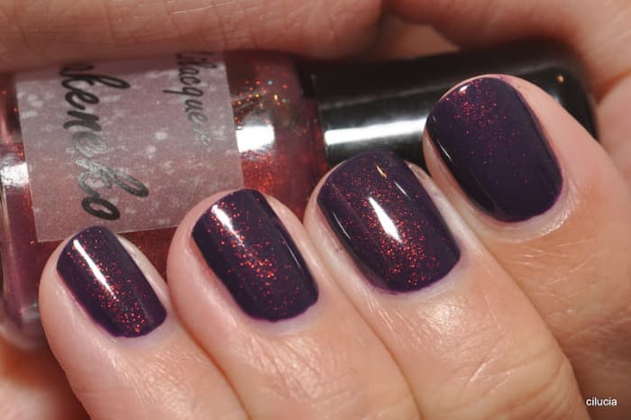 Bakeneko (over Zoya Pinta) - "Deep purple base with heavy red undertones and copper to green shimmers with lots of gold flash."
