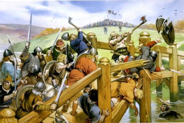 The giant on the bridge - he probably wouldn't have been bare-chested, but it would have been a wooden bridge. One of King Harold's men went under the bridge on a small boat and thrust his spear upward into the warrior's private parts -