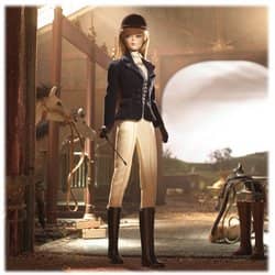 Elegant and classic equestrian Barbie Doll complete with tan riding pants (buff colored breeches, cream shirt and tie) and horsewhip and classic equestrian helmet - aka black riding hat