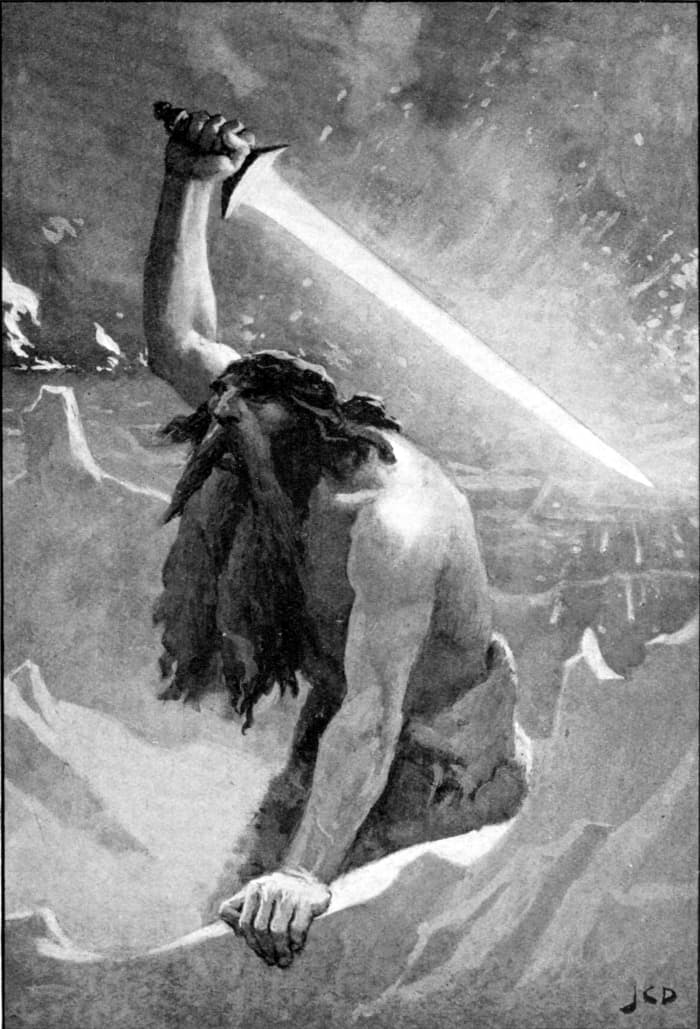 The fire giant Surt brandishes his flaming sword - a recent volcanic upsurge south of Iceland was named after him