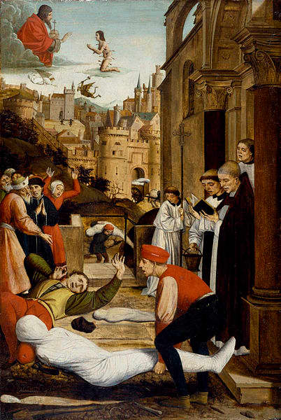 A later medieval (c 1491) altar piece depicting the intercession of St. Sebastian with God during the Black Death