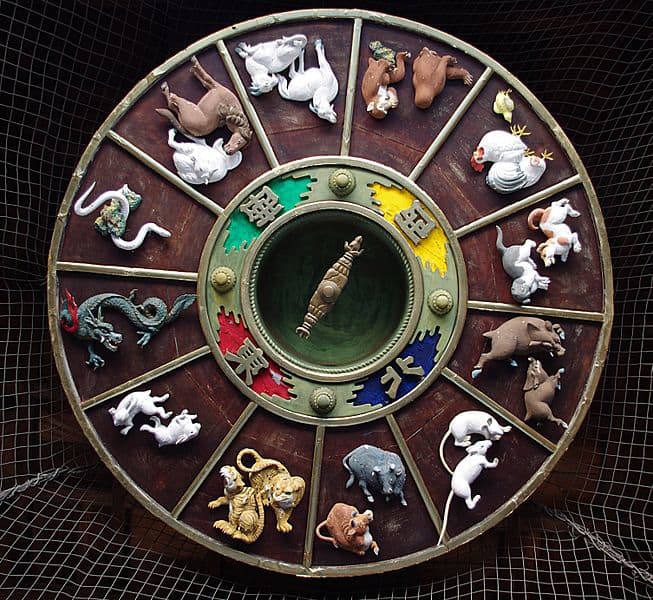 The carvings with Chinese Zodiac on the ceiling of the gate to Kushida Shrine in Fukuoka (mirror image, to have animals in the correct order).