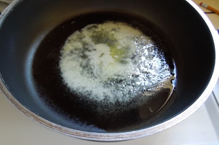 I sprayed my pan with Pam before heating oil. Oil is ready for you to put steaks in pan when it looks like this, all bubbly.
