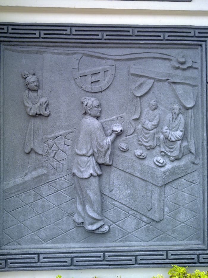 This scene shows an ancient chinese man praying to his ancestors which indicates filial