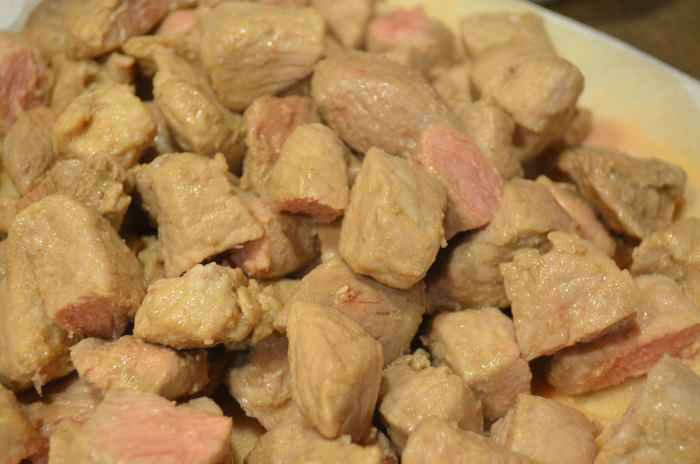 Cook pork until just light pink in center and drain on paper towels.
