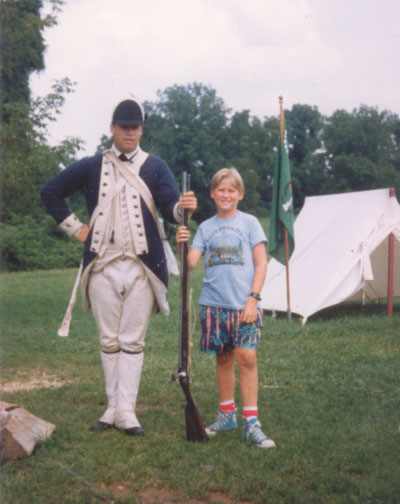 Jason with soldier at Valley Forge on the way to Massachusetts.