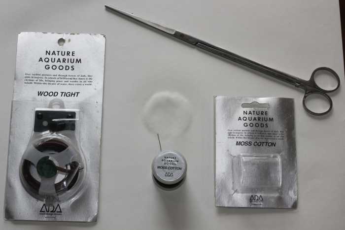 The tools you will need...cotton thread and scissors.Shown here is ADA Cotton Moss and Wood Tight (used in case you have to tie multiple driftwood pieces together)