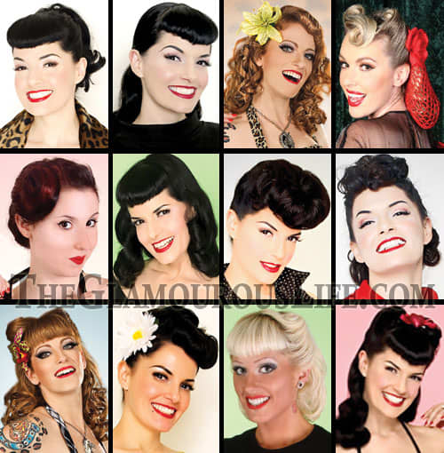 Rockabilly Hairstlyes and Pin Up haristyles are very popular, especially Victory rolls and Betty Page Bob with fringe.