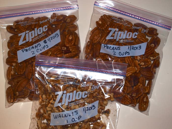Nuts in freezer bags labeled and measured. Don't forget to include the date that the nuts were frozen.